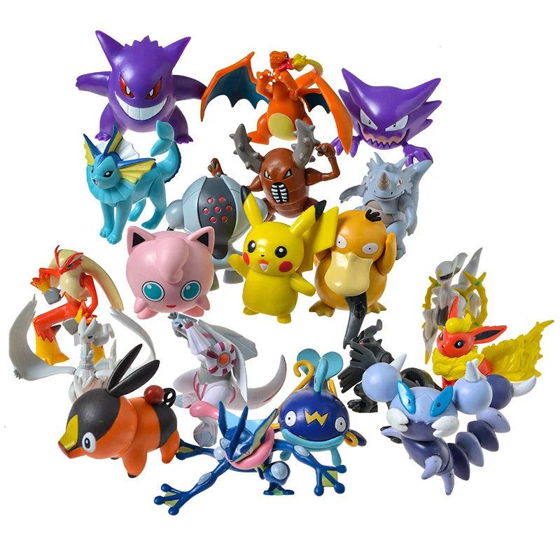 Collection of various colorful toy figures on a white background.