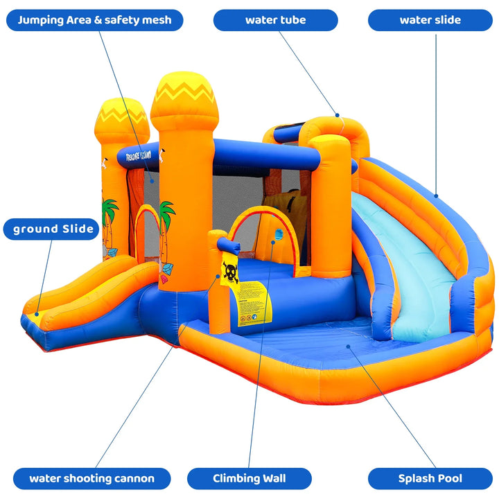 Inflatable playground structure with labeled components on a white background.