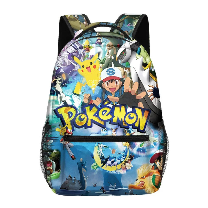 Pokémon-themed backpack with various characters and the word Pokémon on a white background.
