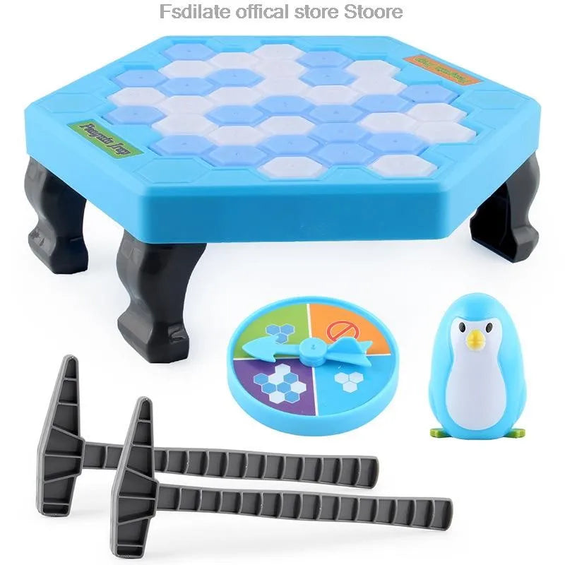 Children's toy set with blue step stool, hammer, and penguin figure on a white background.