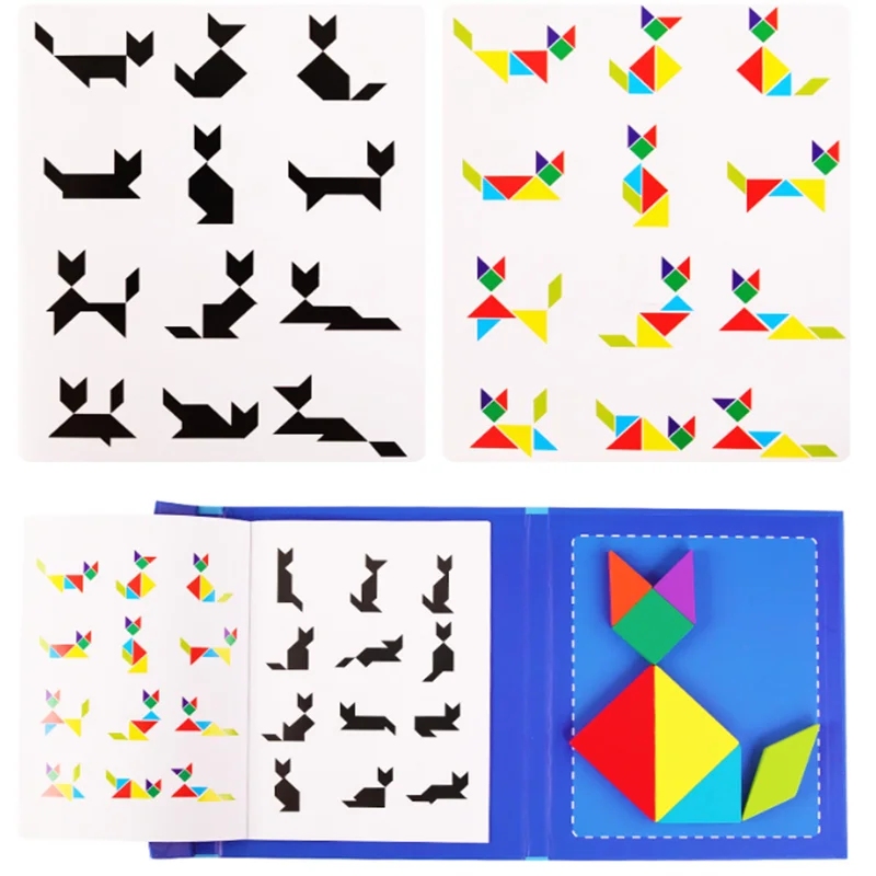 Set of geometric animal shapes and a colorful tangram puzzle in an open book.