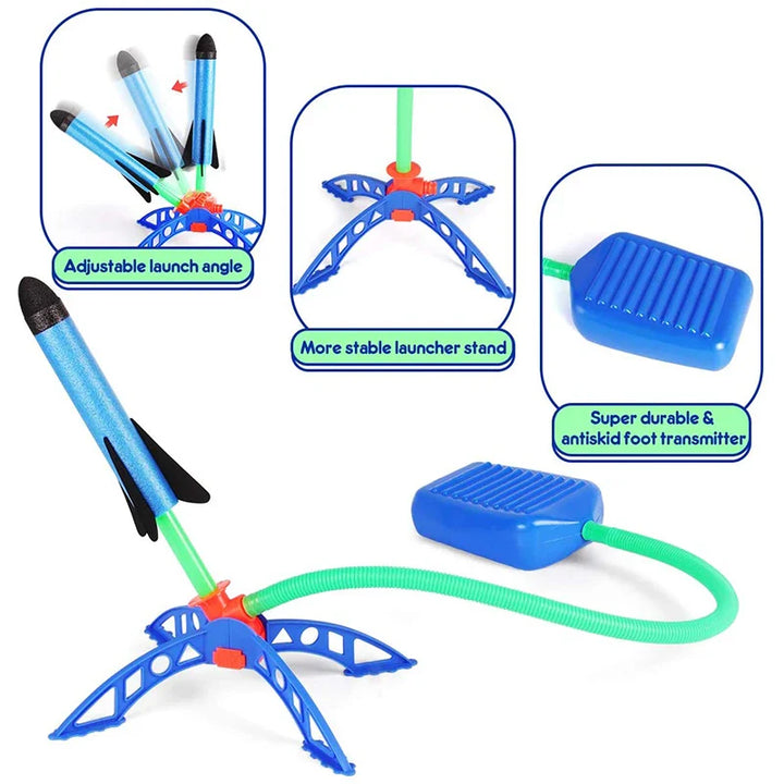 Toy launcher with adjustable launch angle, stable stand, and foot transmitter on a white background.