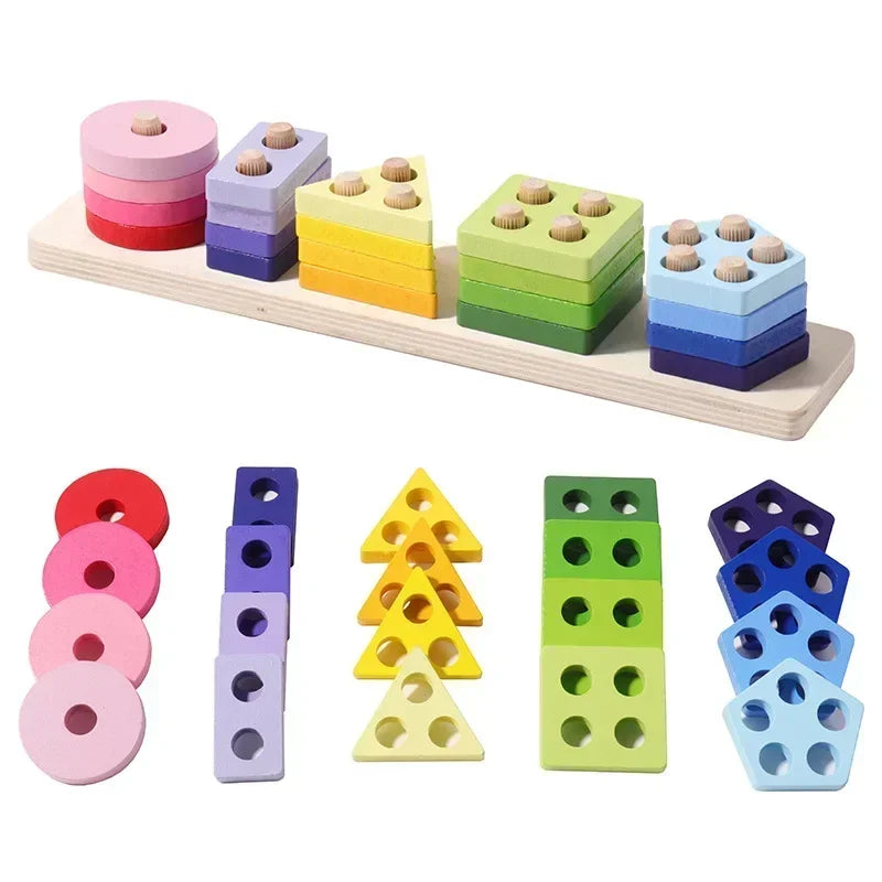 Colorful wooden geometric shape sorting toy set on a white background.