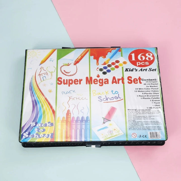 Super Mega Art Set packaging with colorful illustrations on a pink and blue background.
