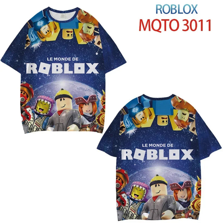 Roblox-themed t-shirt with characters and Le Monde de Roblox text on a white background.