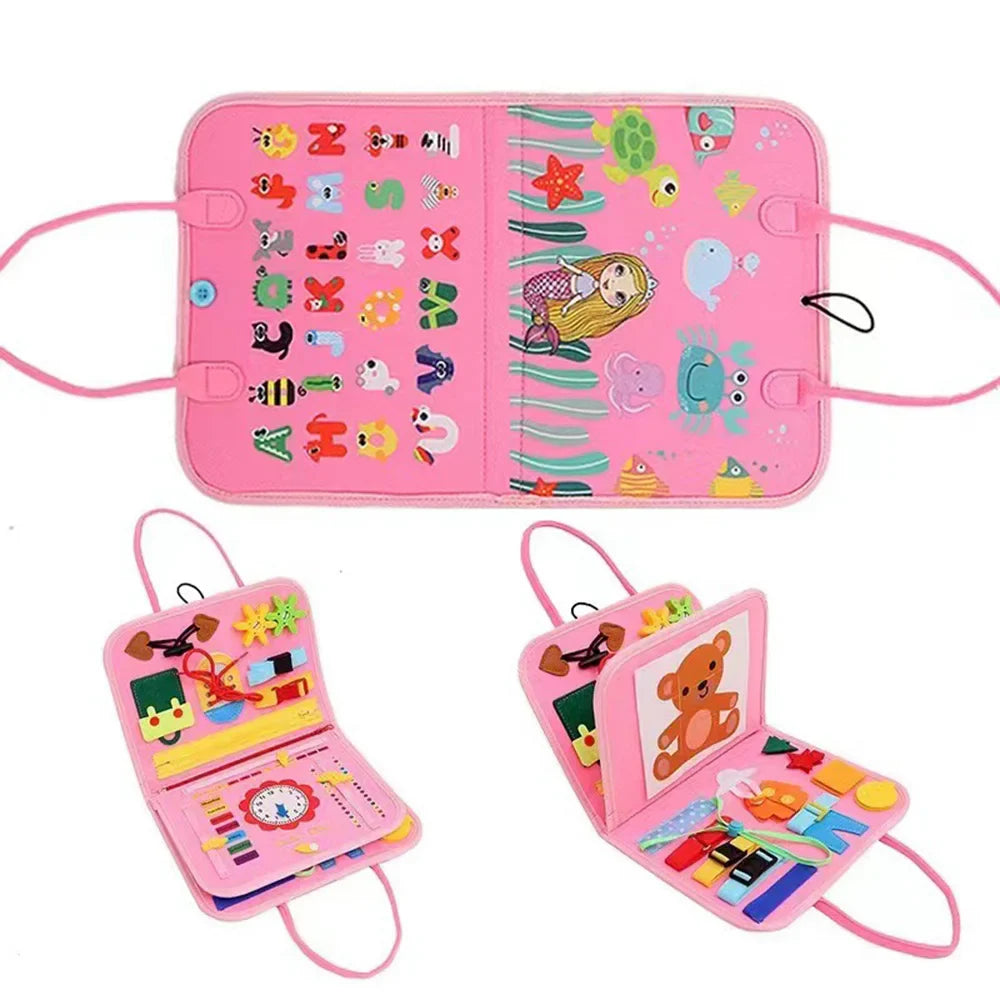 Pink children's activity book with various illustrations on a white background.