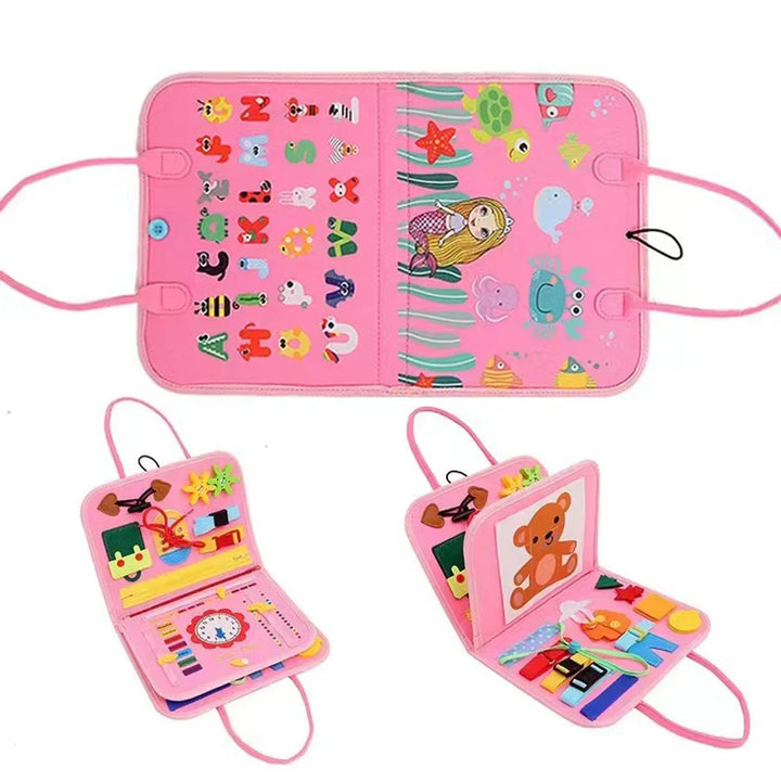 Pink children's activity book with various illustrations on a white background.