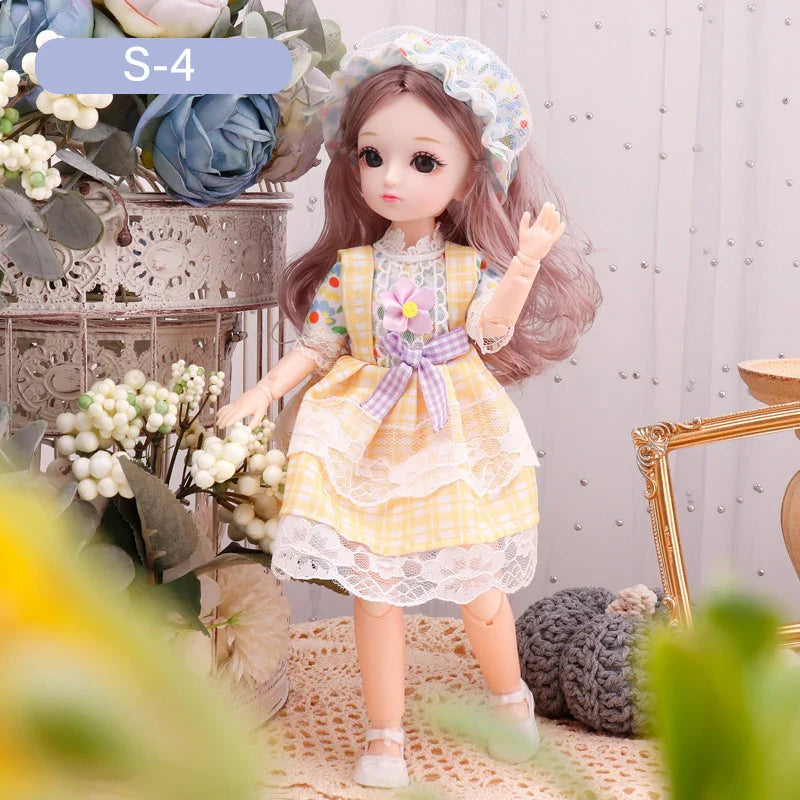 Doll in a decorative setting with flowers and a decorative chair.
