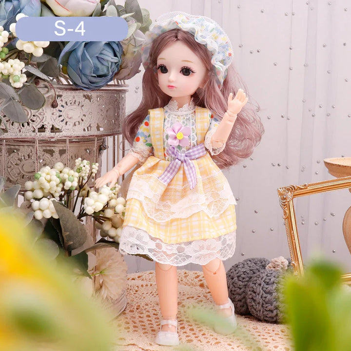 Doll in a decorative setting with flowers and a decorative chair.