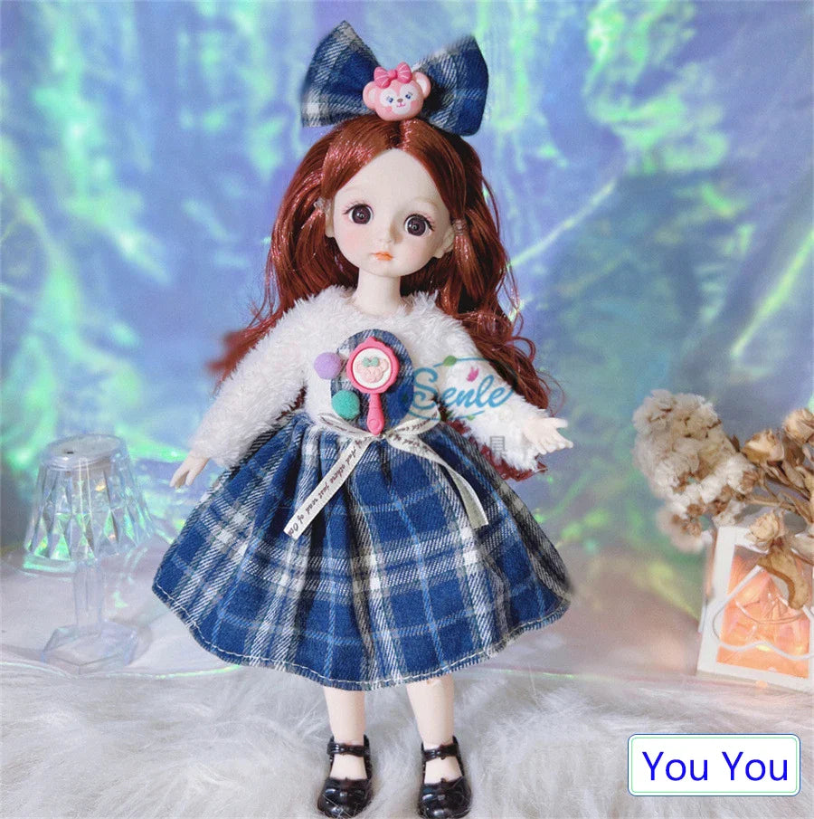 Doll with red hair and a blue plaid dress against a blurred background.