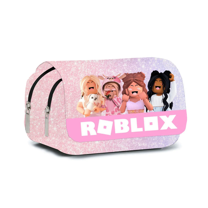 Pink pencil case with Roblox characters on a white background.