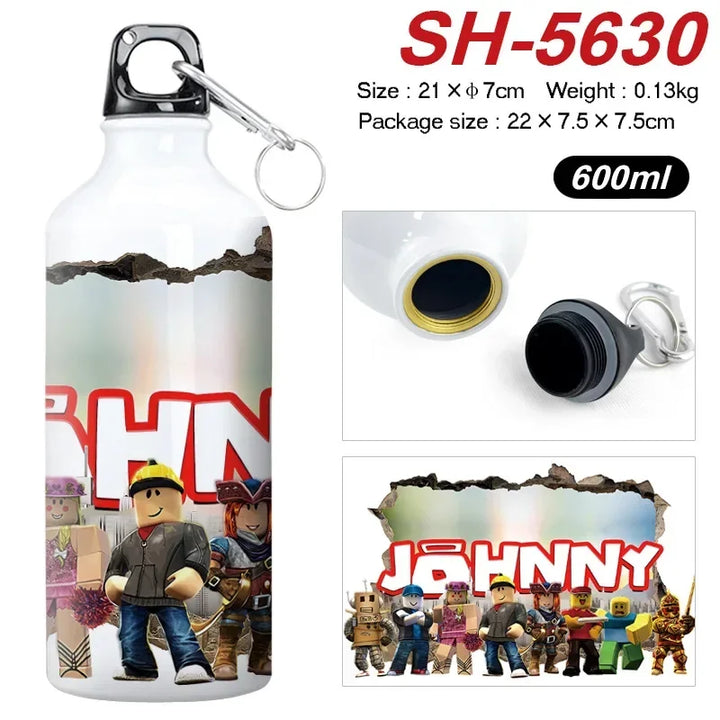 Water bottle with Johnny design and product details on a white background.