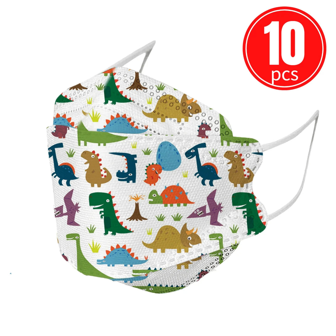 Children's face mask with dinosaur pattern and 10 pieces label on a white background.