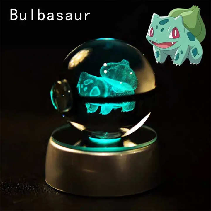 Glowing crystal ball with Bulbasaur design and additional image of Bulbasaur above on a dark background.
