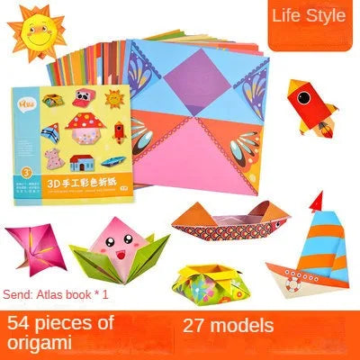Origami kit with colorful paper sheets, folding instructions, and sample origami models on an orange background.