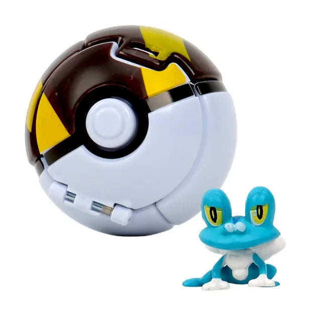 Poké Ball Plus with a blue frog-like figure on a white background.