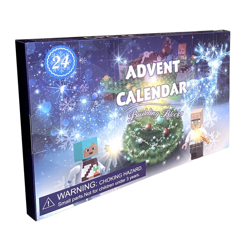 Advent calendar packaging with building block design and festive elements.
