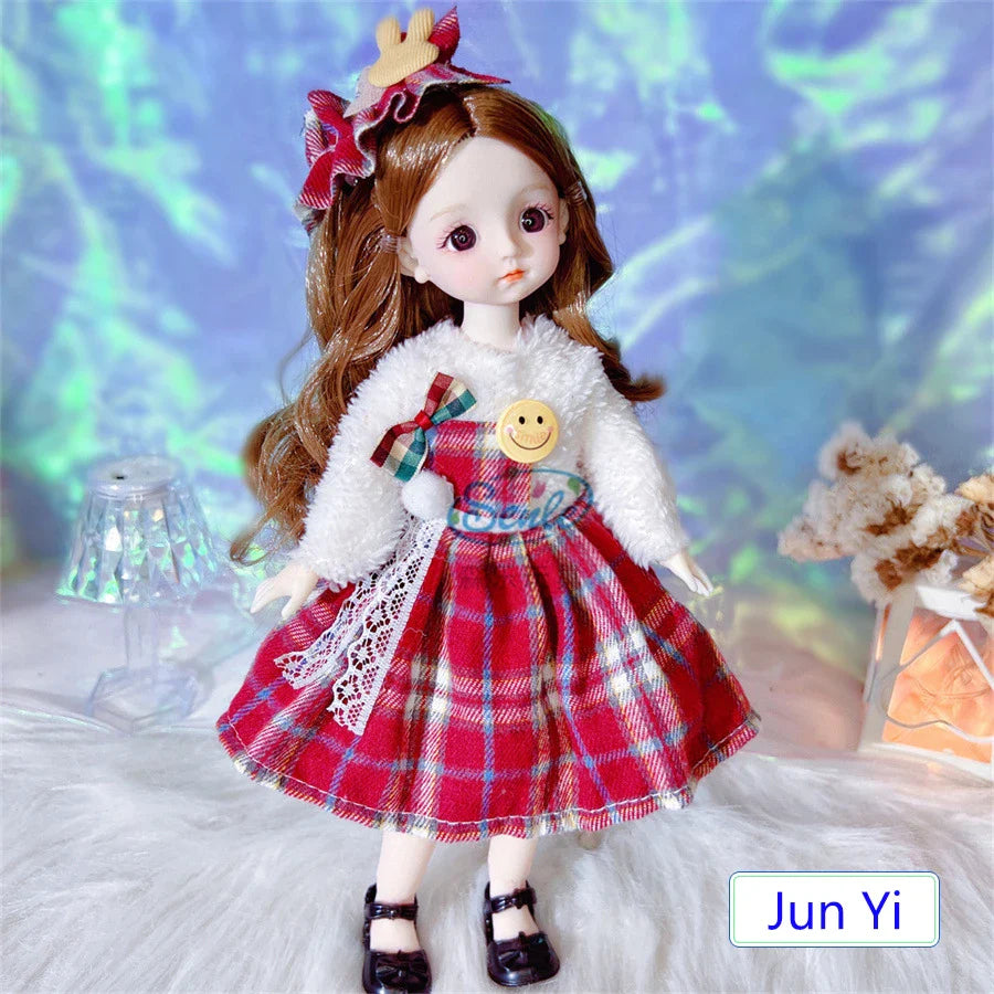 Doll wearing a red plaid dress with a white fur coat and a decorative headband.