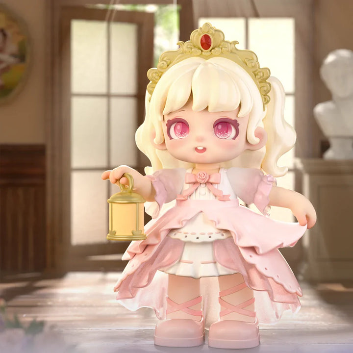 Toy figure of a princess with a lantern in a softly lit room.