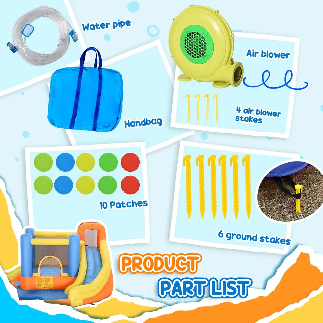 Product part list with inflatable bounce house, air blower, handbag, patches, and ground stakes on a blue background.
