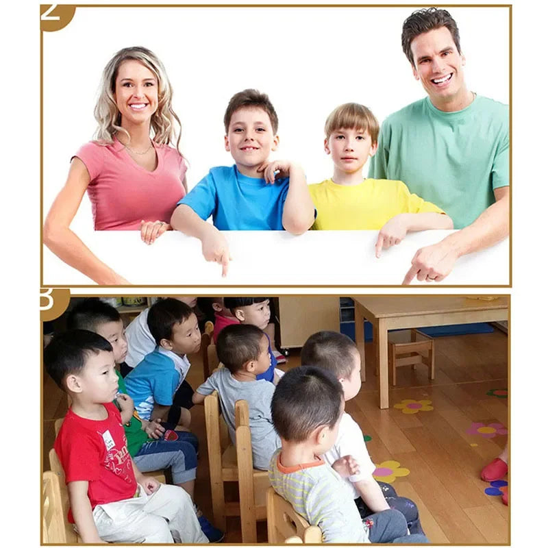 Top image shows a family with two adults and two children sitting together. Bottom image shows children sitting in a classroom setting.