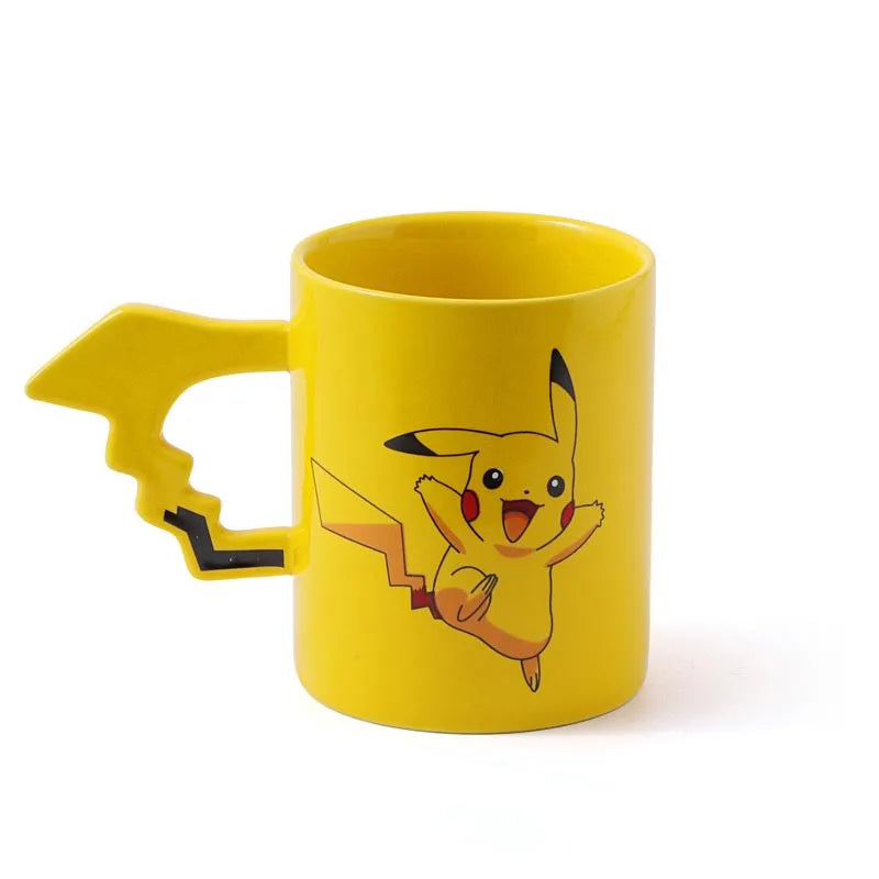 Yellow mug with Pikachu design on a white background.