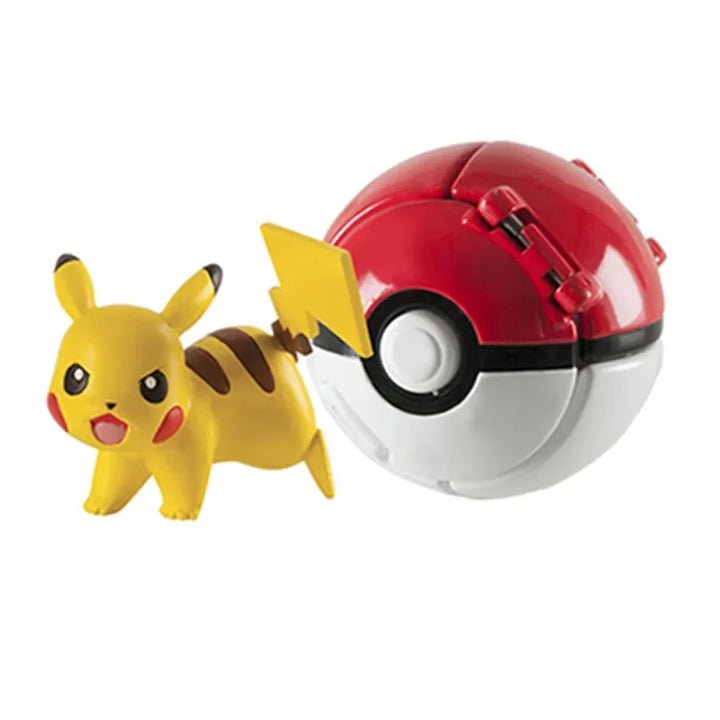 Yellow Pikachu toy figure next to a red and white Poké Ball on a white background.