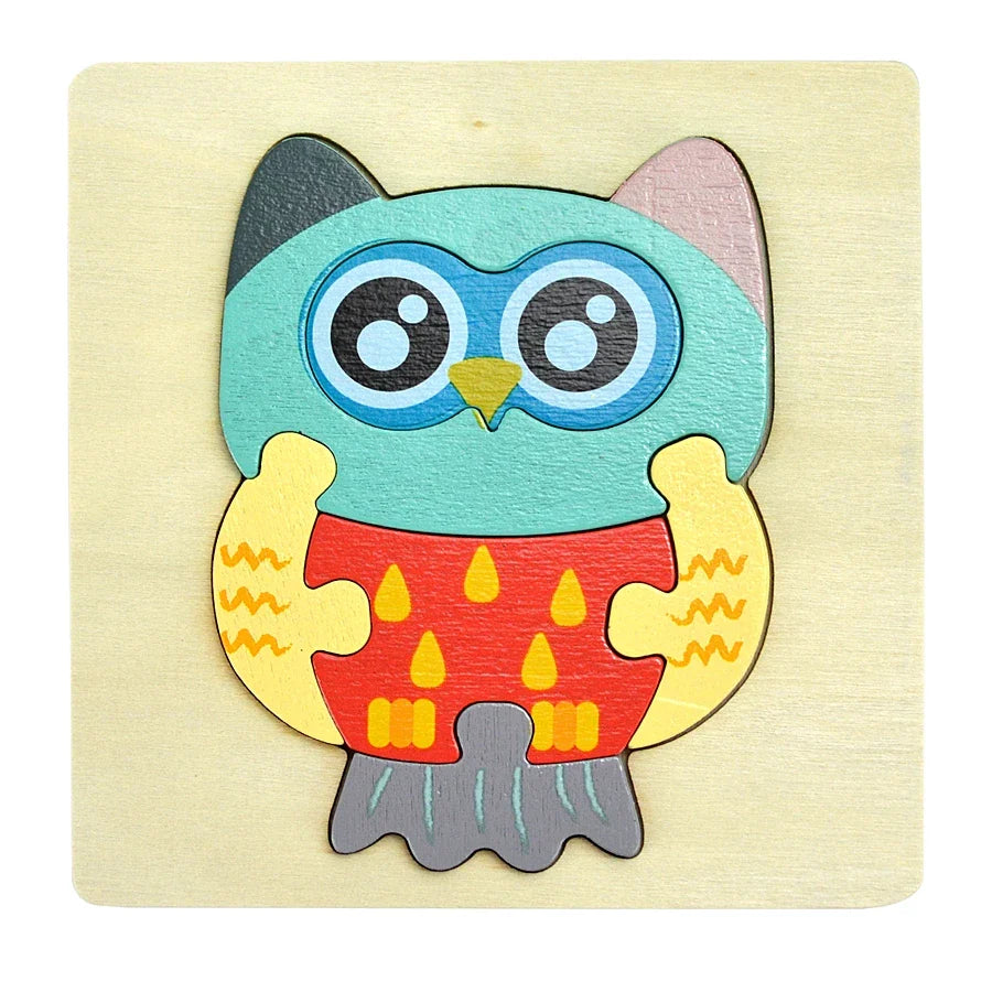Wooden owl puzzle toy on a light wood background.