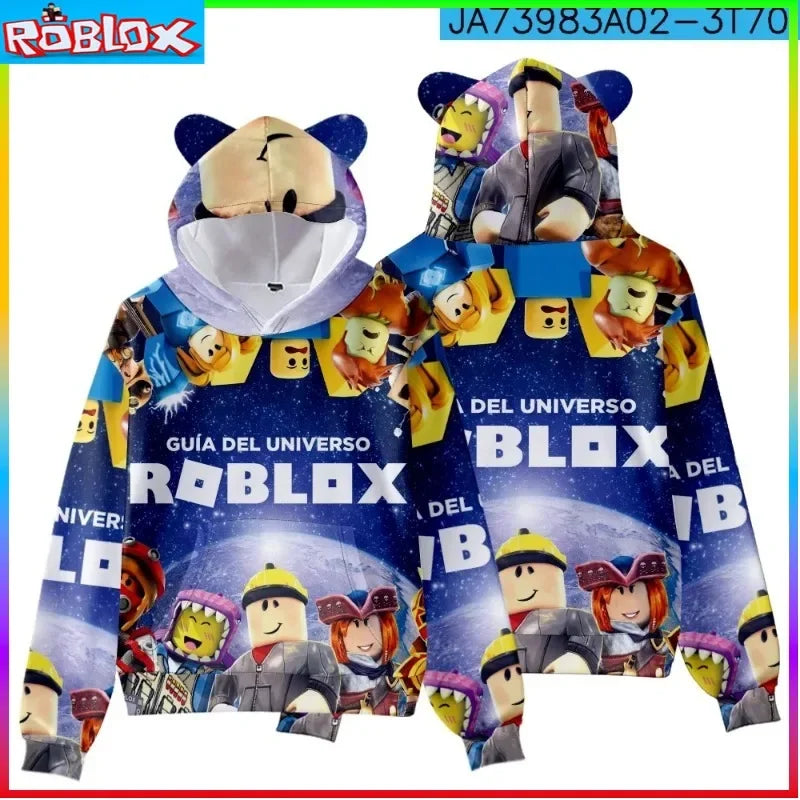 Roblox-themed hoodie with character designs and branding on a white background.