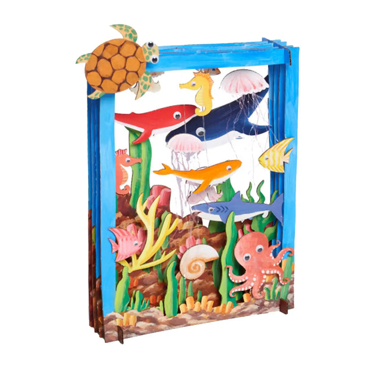 Colorful underwater-themed toy set with sea creatures and plants on a white background