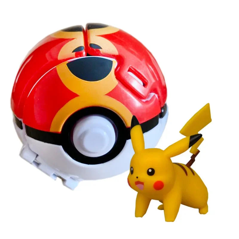 Red and white Poké Ball with a yellow Pikachu toy on a white background.