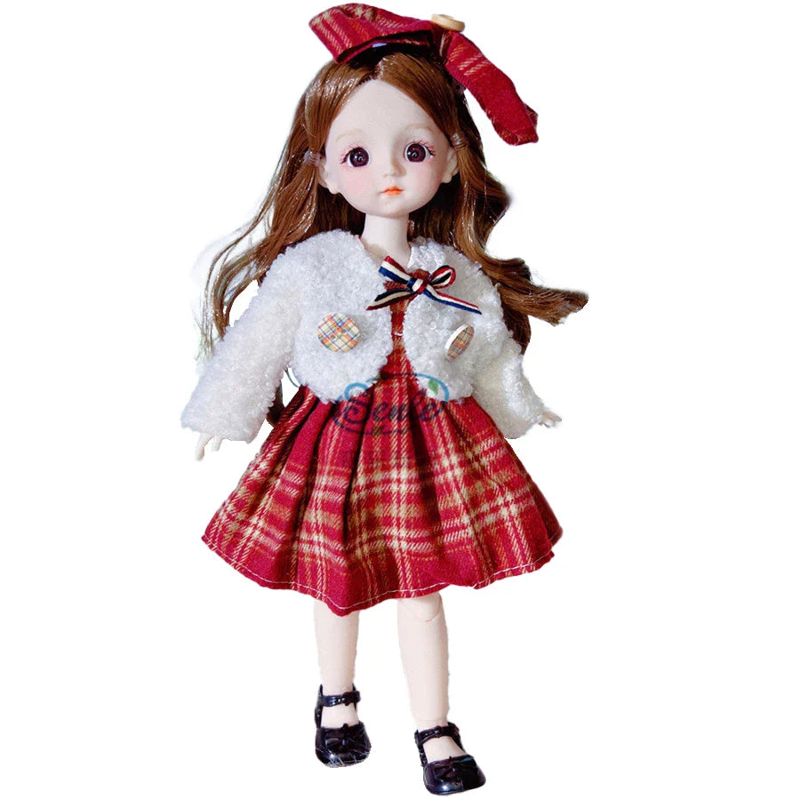 Doll wearing a red plaid dress with a white fur coat on a white background.