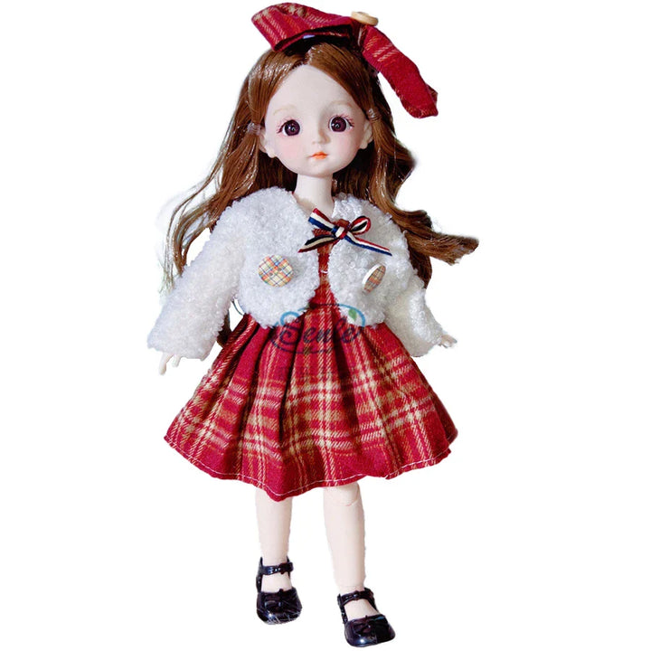 Doll wearing a red plaid dress with a white fur coat on a white background.