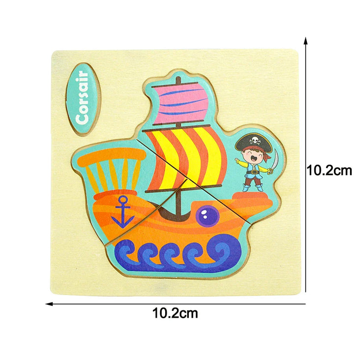 Wooden pirate ship puzzle with measurements on a beige background.