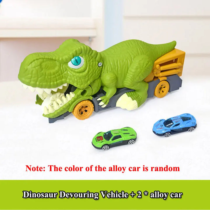 Toy dinosaur with a truck carrying two alloy cars on a white background.