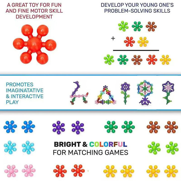 Educational toys with text highlighting benefits like fine motor skill development and problem-solving skills.