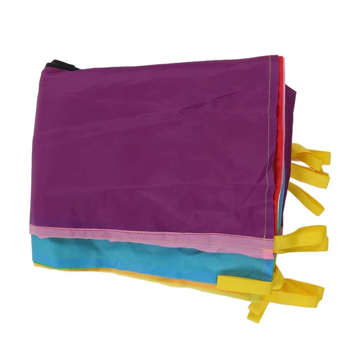 Purple fabric bag with colorful tie strings on a white background.