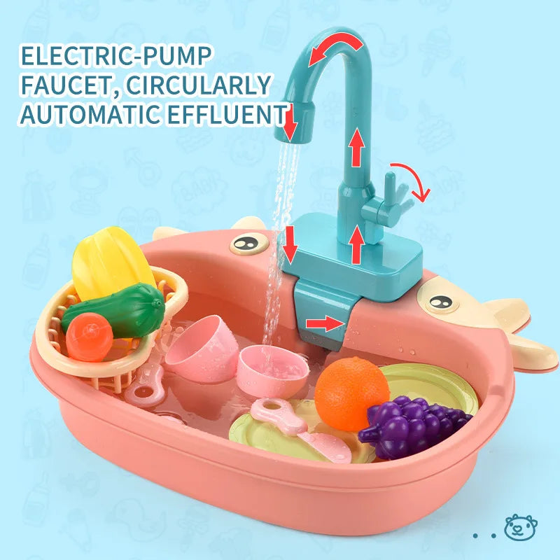 Toy kitchen set with faucet and vegetables on a blue background.