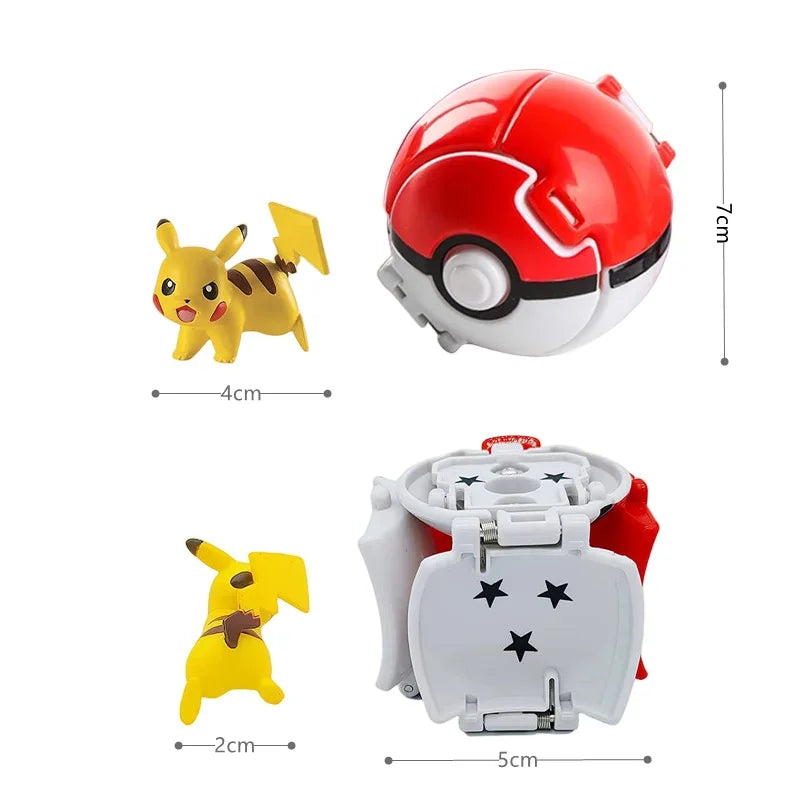 Poké Ball Plus with Pikachu figures and measurements on a white background.