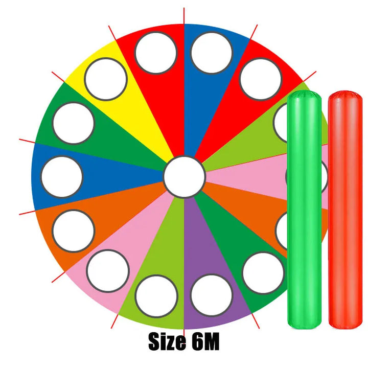 Colorful wheel with holes and two cylindrical sticks on a white background.