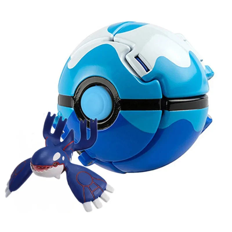 Blue and white Poké Ball with a small blue creature on a white background.