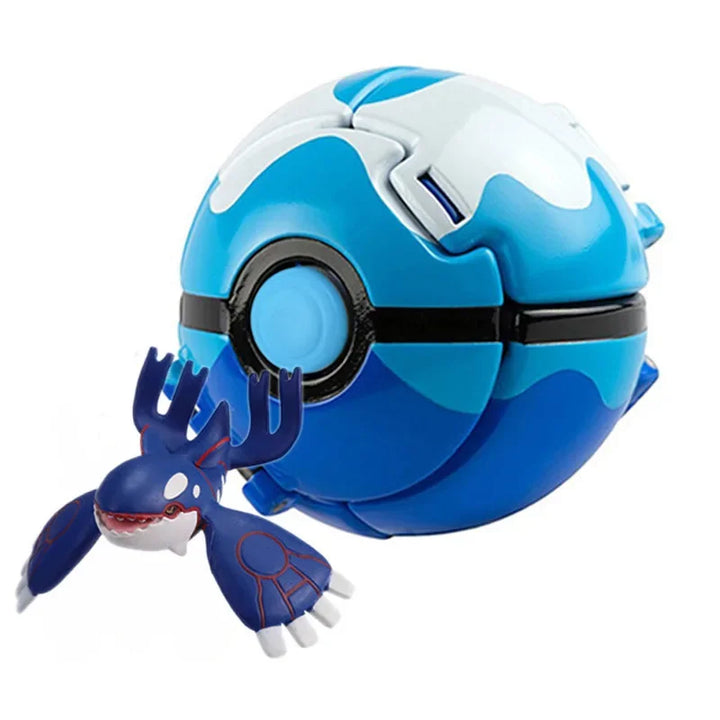 Blue and white Poké Ball with a small blue creature on a white background.