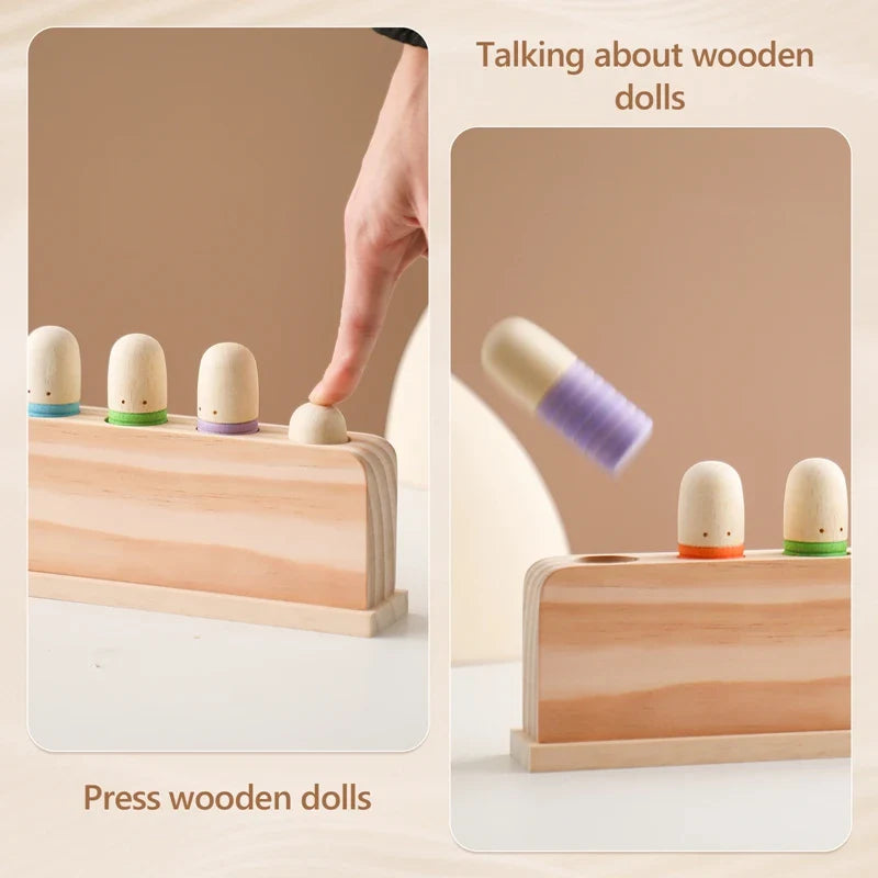 Wooden toy with colorful wooden dolls and a hand pressing one, on a beige background.