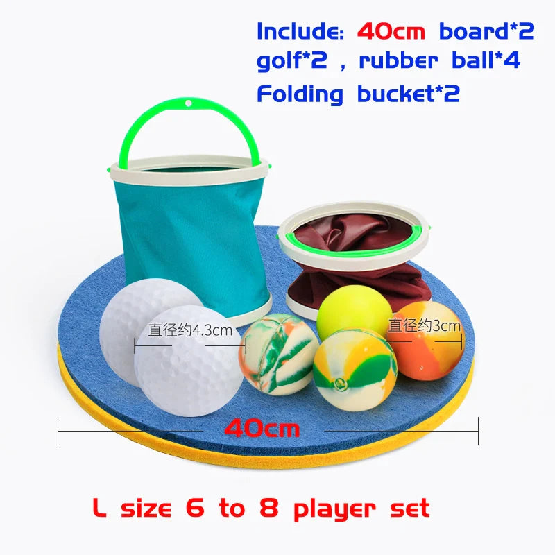 Training set with boards, golf balls, and a folding bucket on a white background.