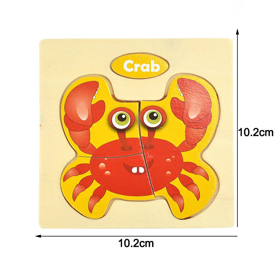 Wooden crab puzzle with dimensions on a beige background.