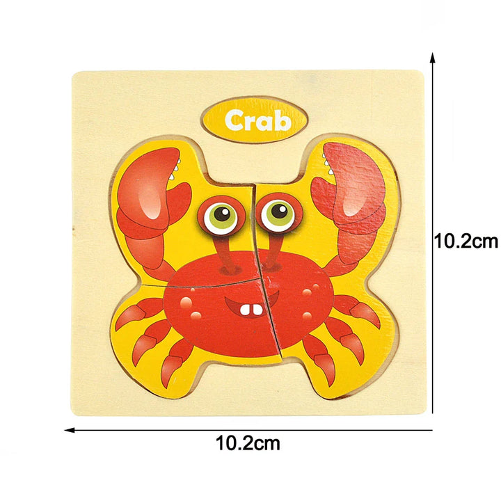 Wooden crab puzzle with dimensions on a beige background.