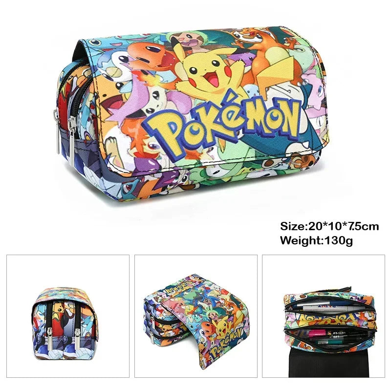 Colorful Pokémon-themed pouch with Pikachu and other characters, showing different angles on a white background.