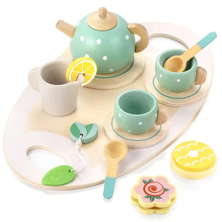Children's toy tea set with wooden tray, ceramic teapot, cups, and utensils on a white background.