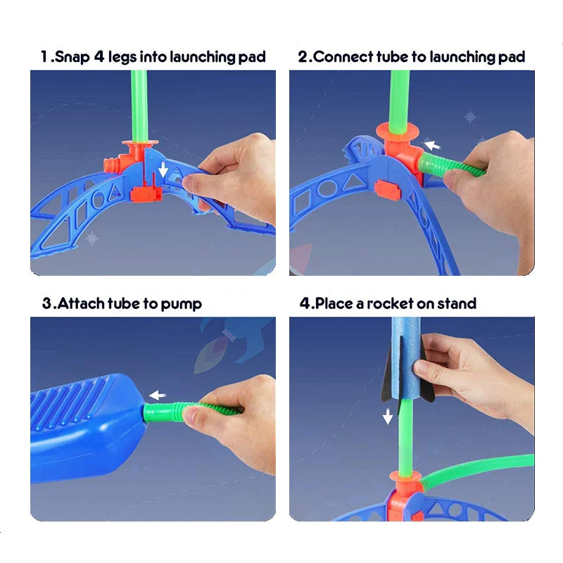 Step-by-step assembly instructions for a toy rocket launcher with hands performing each step.