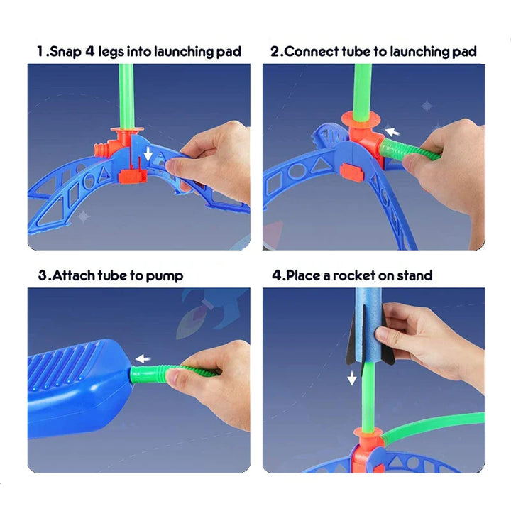 Step-by-step assembly instructions for a toy rocket launcher with hands performing each step.